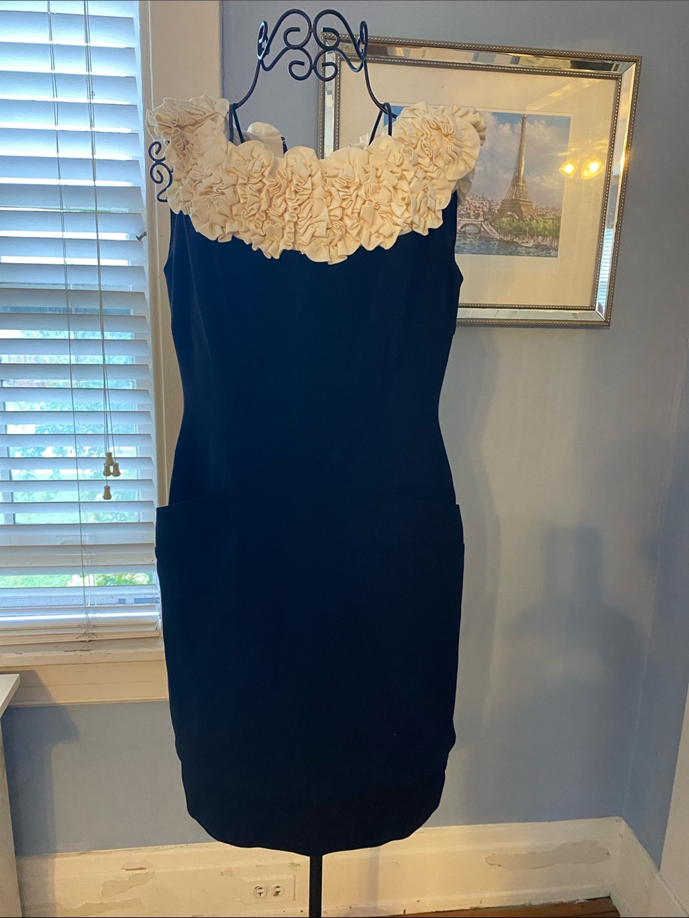 Taylor Navy Midi Dress with Cream Ruffle Collar